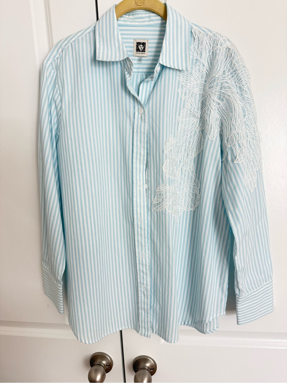 Light Blue Striped Shirt with White Lace Detail